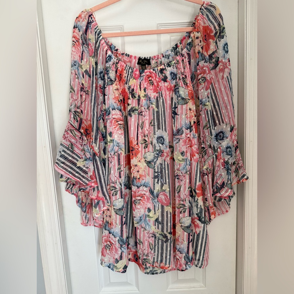 Melissa Paige Floral Striped Blouse - Pink and Blue